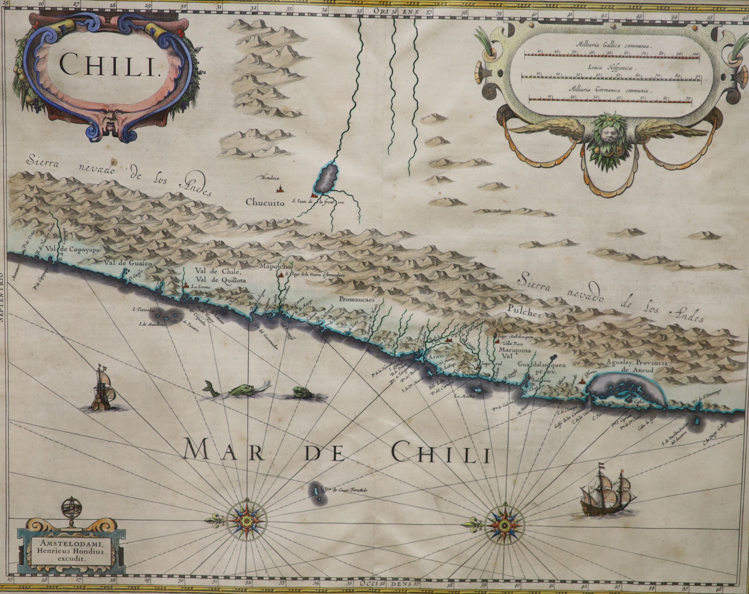 Henricus Hondius, coloured engraving, Map of Chile, 38 x 49cm